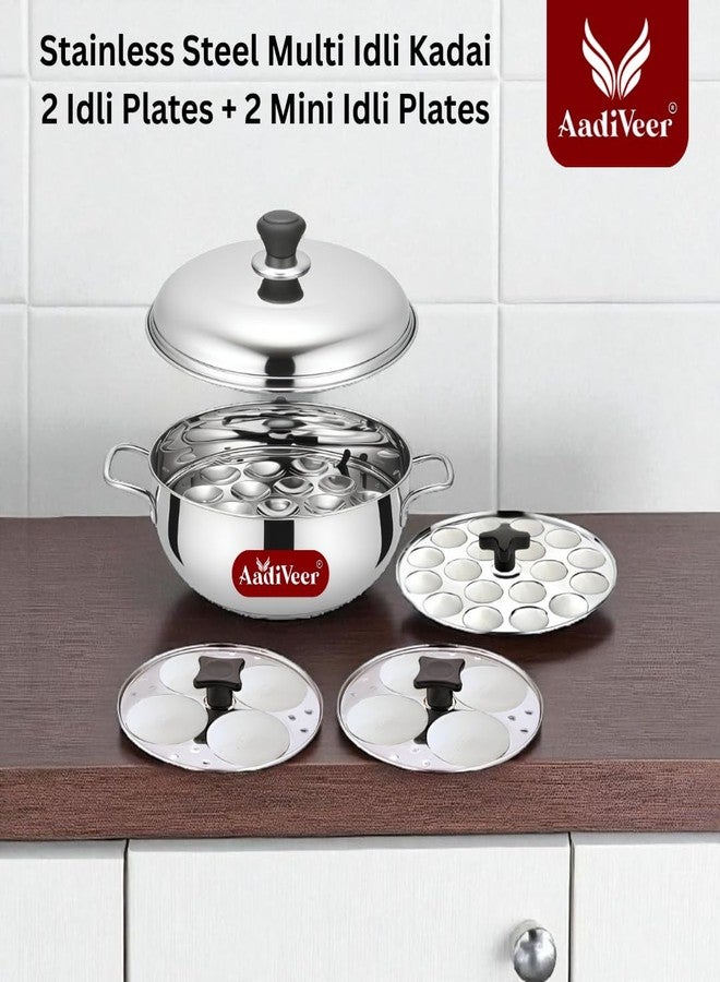 AadIveer Pewmium Stainless Steel Idli Maker | Idli Pot | Small Idli Cooker with 2 Idli Plates (8 Idlis) & 2 Mini Idli Plate (36 Idlis) | Hybrid Idli Kadai With Sturdy Handles - Image 2